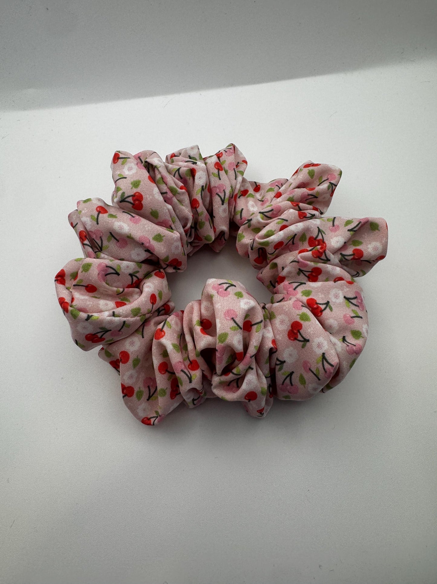 Pink and Red Cherry Medium Size Satin Scrunchie | Bridal Gifts | Bridesmaid Gift | Gifts for Her