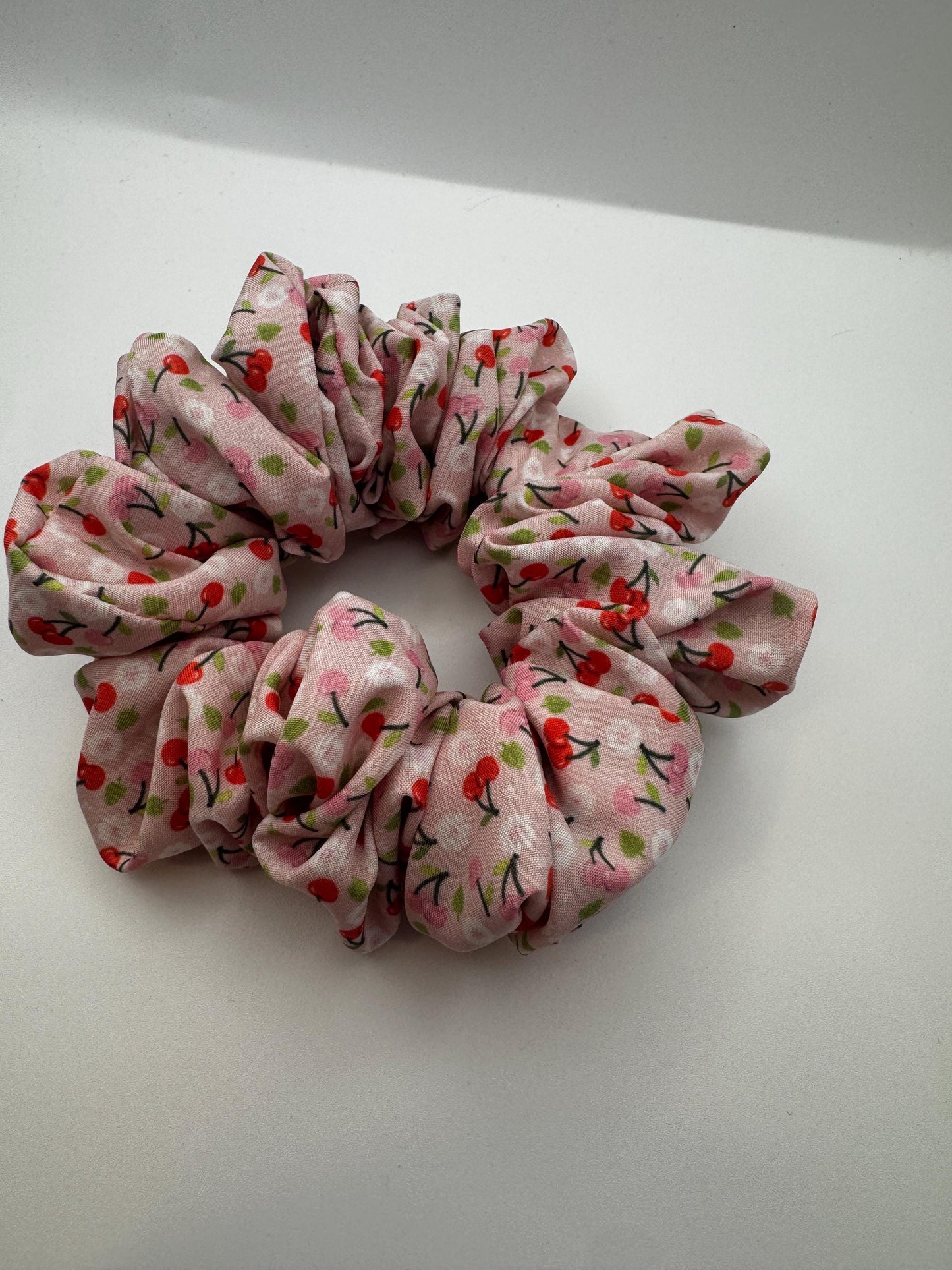 Pink and Red Cherry Medium Size Satin Scrunchie | Bridal Gifts | Bridesmaid Gift | Gifts for Her