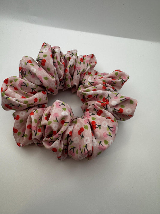 Pink and Red Cherry Medium Size Satin Scrunchie | Bridal Gifts | Bridesmaid Gift | Gifts for Her
